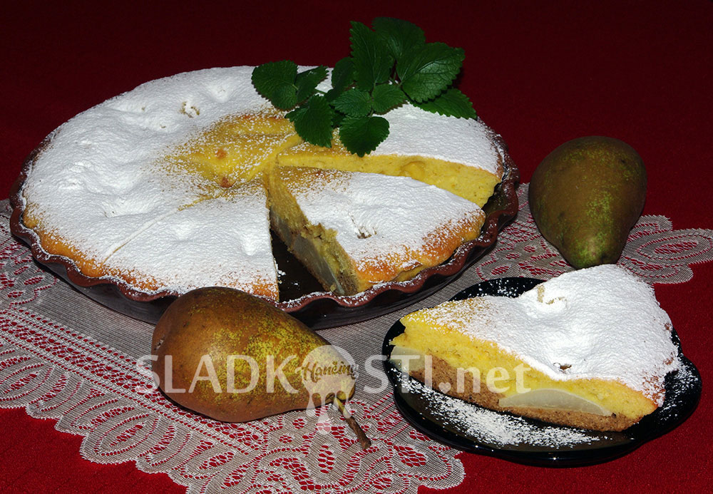 Tvarohovo-povidlový koláč s hruškami